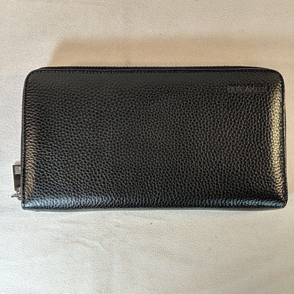 Bostanten Leather Zip Around Wallet Black RFID Blocking Pebbled Silver NWOT Card